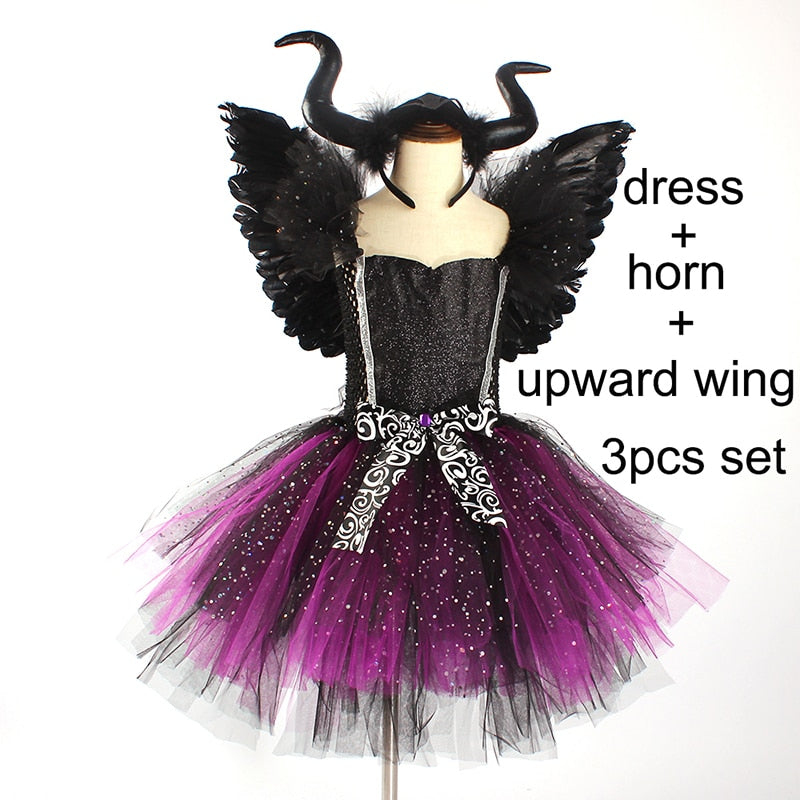 Dark Fairy Witch Tutu Dress with Horns and Wings Sparkly Dress