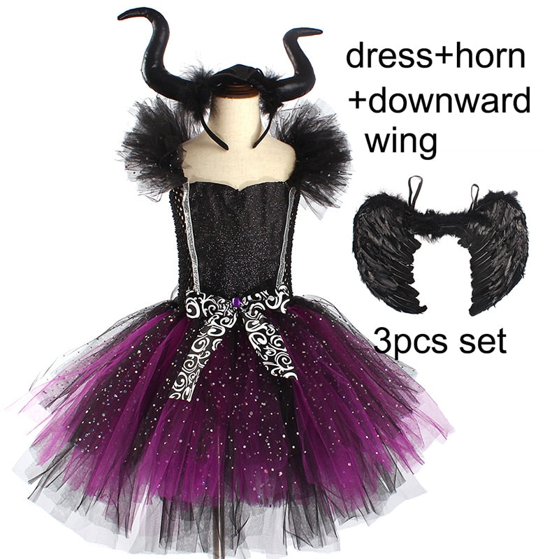 Dark Fairy Witch Tutu Dress with Horns and Wings Sparkly Dress