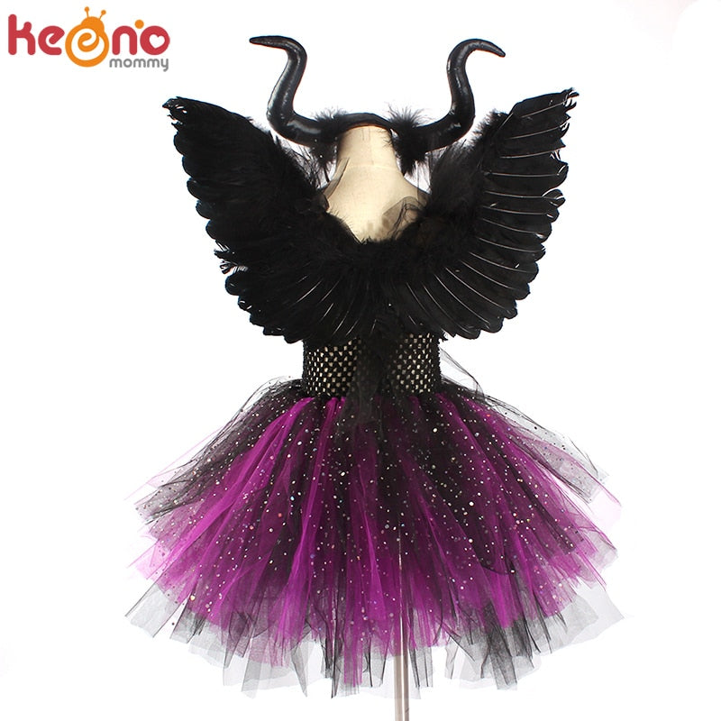 Dark Fairy Witch Tutu Dress with Horns and Wings Sparkly Dress