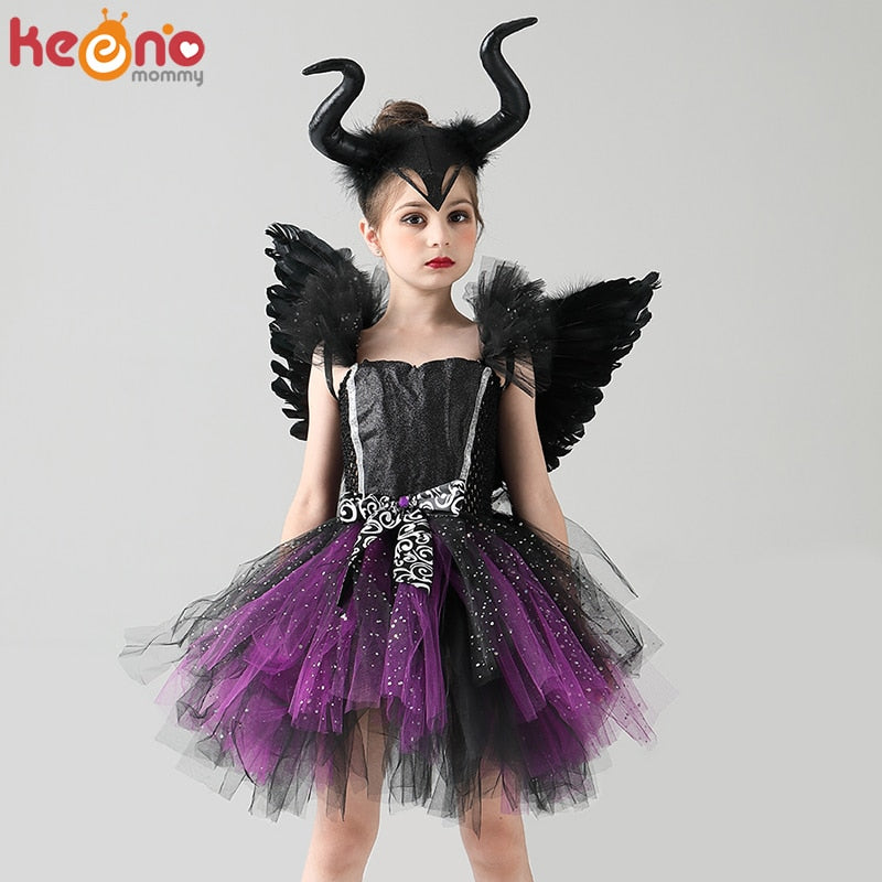 Dark Fairy Witch Tutu Dress with Horns and Wings Sparkly Dress