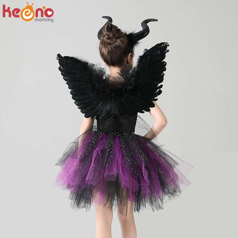 Dark Fairy Witch Tutu Dress with Horns and Wings Sparkly Dress