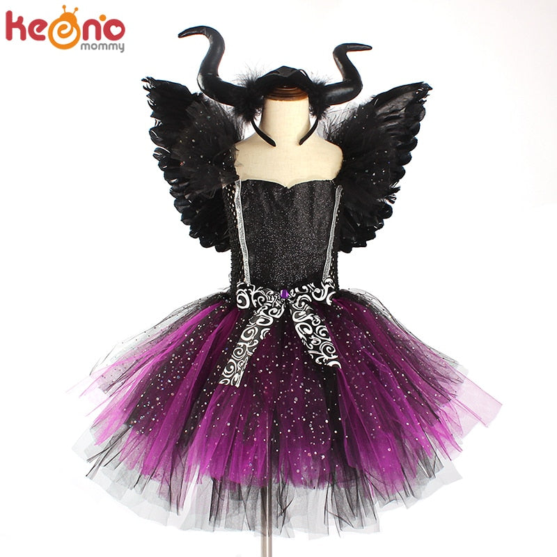 Dark Fairy Witch Tutu Dress with Horns and Wings Sparkly Dress