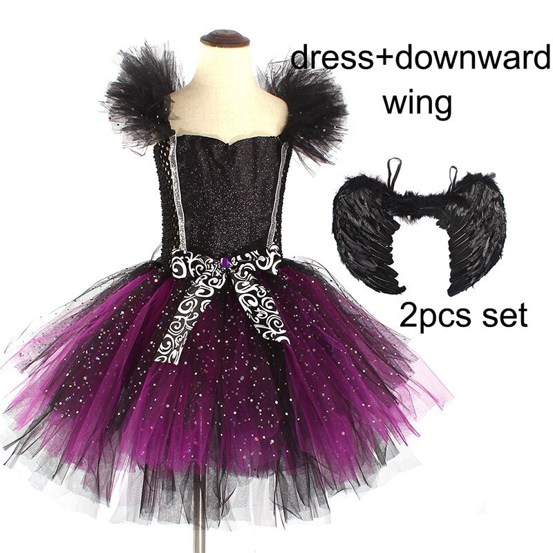 Dark Fairy Witch Tutu Dress with Horns and Wings Sparkly Dress